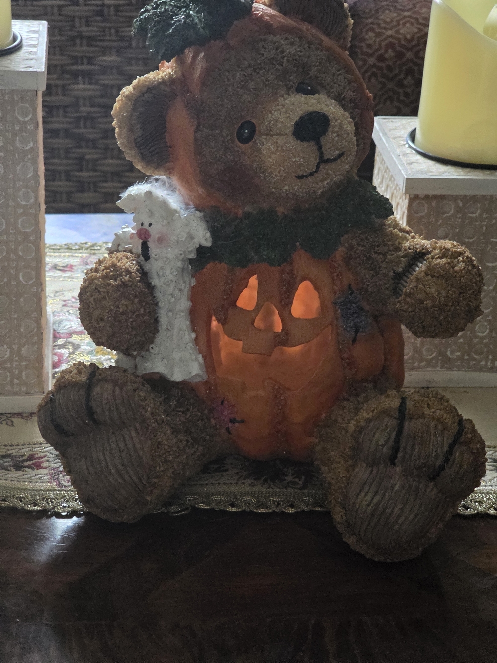 Halloween Bear Pumpkin Lantern Figurine - Brown & Orange